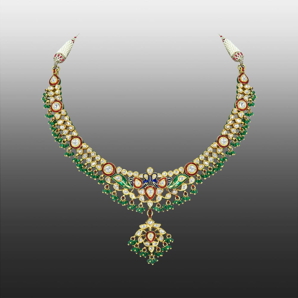 Peacock Polki Necklace with Multicolour Enamel and Bead Drops